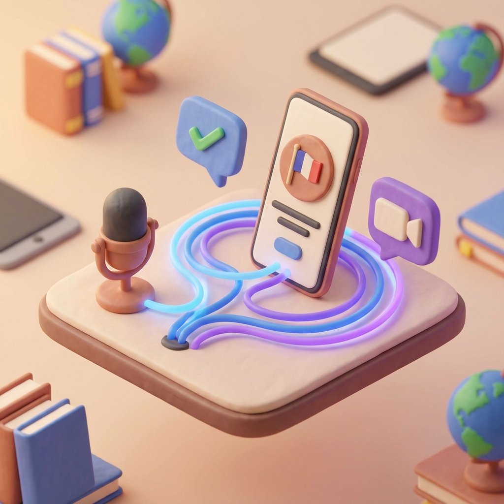 3D isometric illustration of a digital ecosystem connecting mobile apps, microphones, and video tools
