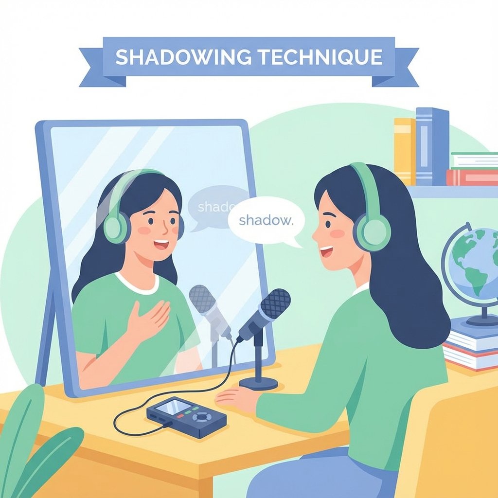Illustration of an ESL student practicing the Shadowing technique with a mirror and recording device