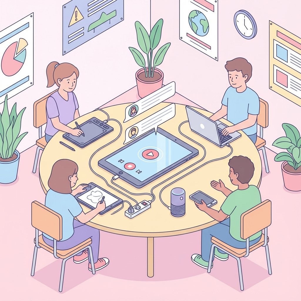 Isometric 2D illustration of students using tablets and a central screen to facilitate a digital group discussion