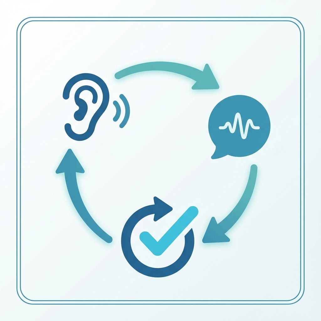 Infographic showing the cycle of pronunciation improvement: Listening to Input, Practicing Speech, and Receiving Feedback