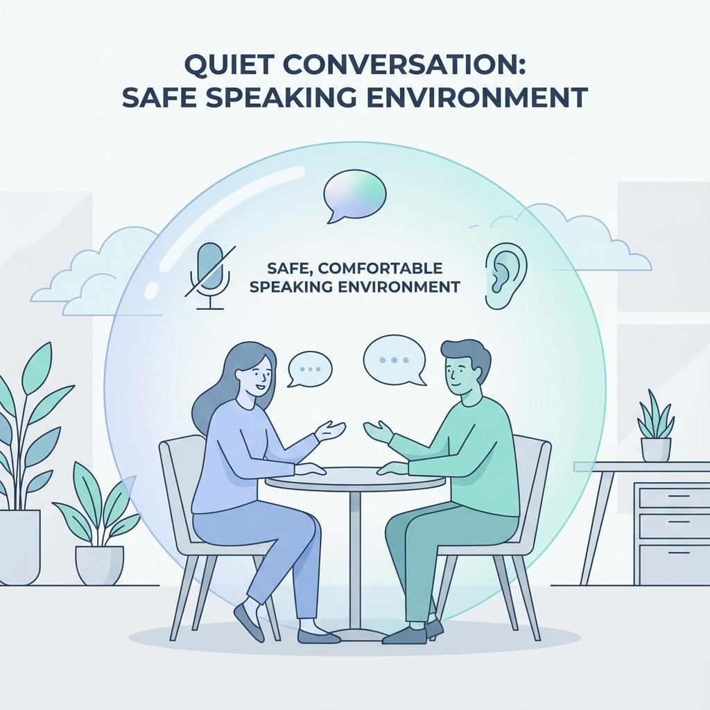 Illustration of two ESL students engaging in a quiet pair work activity, looking comfortable and engaged